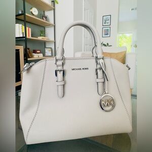 Michael Kors Ivory Saffiano Satchel with Logo Charm